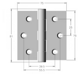 Lohala Hinge Stainless Steel 304 ,Heavy Duty 75mm x 75mm x 2.5mm ,7mm Fixed Button Pin Satin