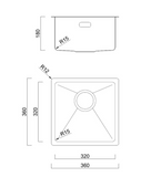 BURNS & FERALL BDM360 Overall Dimension 360 x 360 - Main bowl 320 x 320 x 180 - 1.2mm Stainless Steel