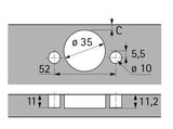 Hettich Germany Intermat hinge for corner cabinet folding doors without self closing feature (Intermat 9930), overlay, Opening angle 50° / 65°, TH-drilling pattern 52 x 5.5 mm, with expanding sockets (ø 10 x 11)