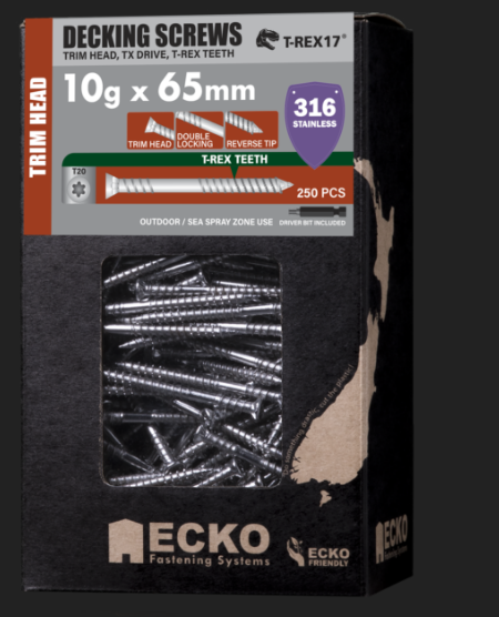 Ecko Decking Screws Trim Head T-REX17-316Stainless Steel 10G -60,65,75 mm Pack of 250