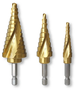 Tusk Heavy Duty HSS Step Drill Bits 3pc Set 12mm/20mm/30mm Spiral Flute QC Hex Tin Coated & Straight Shank