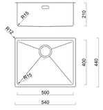 BURNS & FERALL BDM490- Top Mount Bowl 450 x 400 x 200 Designer Waste & Overflow - 1.2mm Stainless Steel