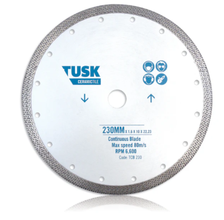 Tusk Heavy Duty Continuous Tile Blades - 180mm x 1.6/1.2 x 10 x 25.4 with big bore ,200mm x 1.8/1.2 x 10 x 25.4 ,230mm x 1.6/1.2 x 10 x 22.23 & 230mm x 1.6/1.2 x 10 x 30