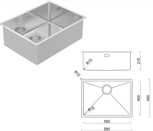 BURNS & FERALL BDM590- Top Mount Bowl 550 x 400 x 210 Designer Waste & Overflow - 1.2mm Stainless Steel