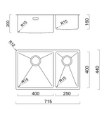 BURNS & FERALL BDM400D Main Bowl 400 x 400 x 250/200 x 400 x 160 Left Hand & Right Hand -1.2mm Stainless Steel