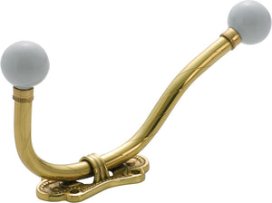 Hat & Coat Hook Porcelain Tip Traditional Polished Brass H175xP85mm